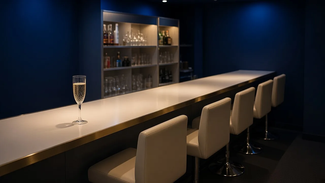 真鍮の縁取りが光る白いカウンターとクリーム色の椅子。ネイビーの壁に酒瓶棚が映える店内。